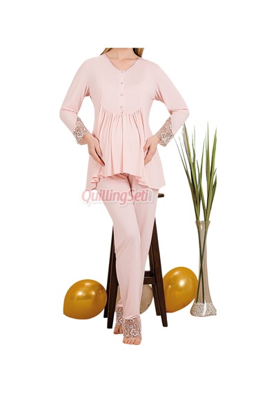 Quilling Lady Bebe Pembe Renkli Dantel Detaylı, 33204 Uzun Kol, 2 Parça Lohusa Hamile Pijama Takımı Açık Pembe M - L