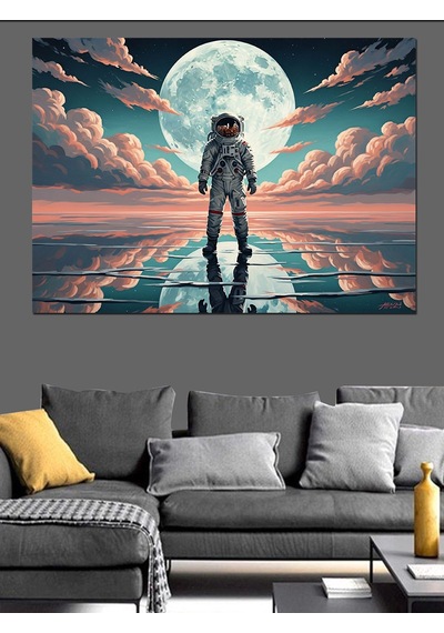 Ahşap Tablo Ay Üzerinde Yürüyen Yalnız Astronot Siyah-beyaz Tablolar