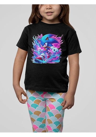 Sevbano Tasarım Süper Sonic Baskılı Unisex Çizgi Film Çocuk Tişört 1-12 SIYAH