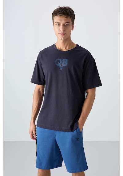 Tommy Life Lacivert Pamuklu Kalın Yumuşak Dokulu Oversize Fit Baskılı Erkek T-shirt - 88333 Lacivert