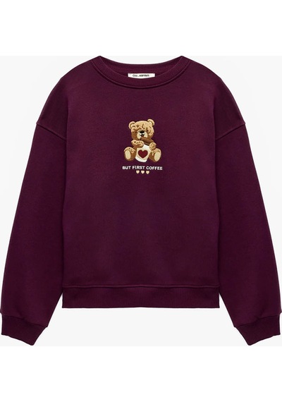 Koton Ayıcık Nakışlı Şardonlu Mürdüm Kadın Sweatshirt 7wal10035ık