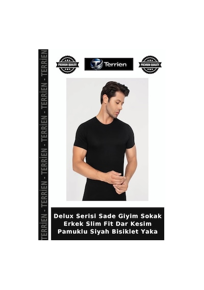 Terrien Delux Serisi Sade Giyim Sokak Erkek Slim Fit Dar Kesim Pamuklu Siyah Bisiklet Yaka