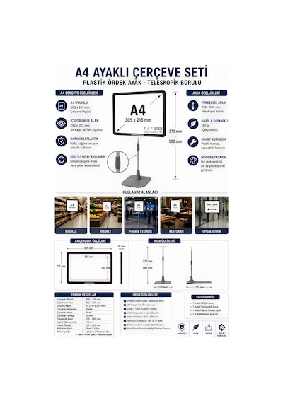 A4 Ayaklı Fiyat Etiketlik Teleskopik Borulu Çerçeve Etiketlik Yönlendirme Levhası Menü Panosu Siyah