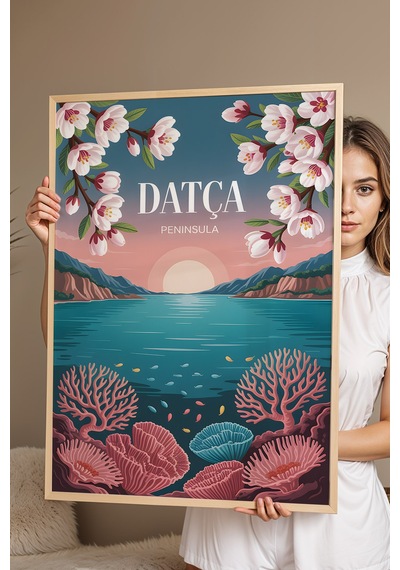 Datça Tablo - Retro Travel Poster - Muğla Şehir Serisi Duvar Dekoru - Çerçeveli Şehir İllüstrasyonu Kayın