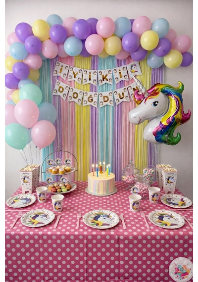Unicorn Doğum Günü Elite Set Makaron Balon Seti 130 Parça + Unicorn Banner + Unicorn Balon Çok Renkli