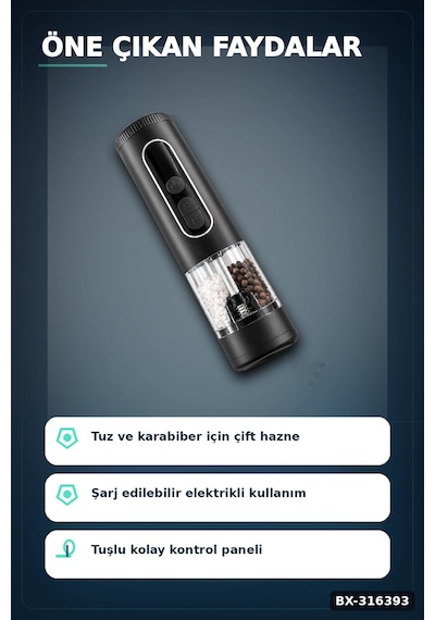 Elektrikli Tuz Karabiber Öğütücü Çift Hazneli Şarjlı Led Işıklı Mutfak Baharat Değirmeni Bx-316393 Çok Renkli