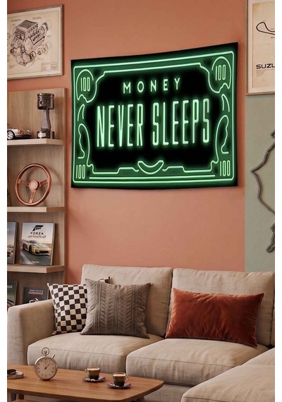 Money Never Sleeps Yeşil Neon Para Temalı Dekoratif Duvar Örtüsü Duvar Halısı Beyaz