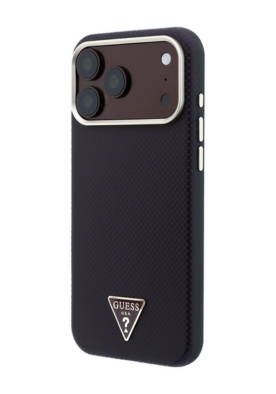 Apple iPhone Uyumlu 18 Pro Kılıf Guess Lisanslı M-safeli Pu Metal Üçgen Logolu Karbon Fiber Kevlar Kapak Bordo