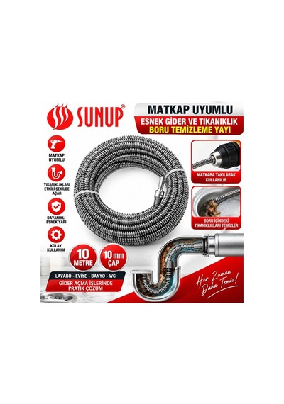 Sn-38810 10 Metre 10 Mm Matkap Uyumlu Esnek Gider Tıkanıklık Boru Temizleme Yayı