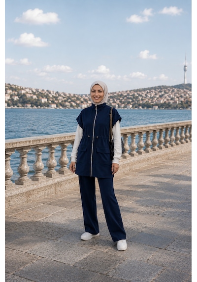 Lacivert Yelekli 2 Li Takım Modern, Rahat Ve Şık Günlük Kombin