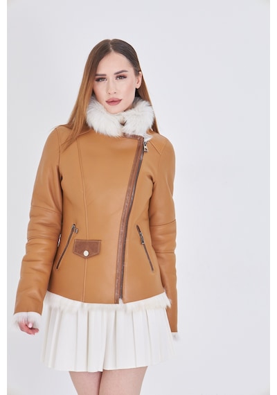 M M Marki Marki Kadın Hakiki Toskana Kürk Mont Taba, Fit Kesim, Fermuarlı, 63 Cm, Kışlık, Lüx Deri Mont - 112122
