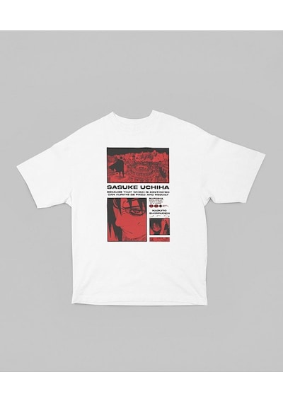 Sasuke Uchiha Naruto Shippuden Baskılı Unisex Oversize Anime Dizi Beyaz