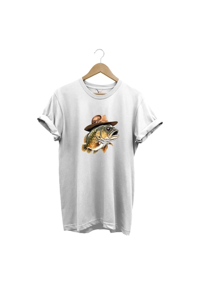 Avcılık Hunting Şapkalı Levrek Balığı Baskılı %100 Pamuk Regular Fit Bisiklet Yaka Beyaz T-shirt Beyaz