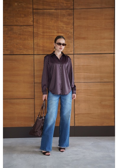 Verymoda Puantiyeli Saten Gömlek - F2076 Kahve