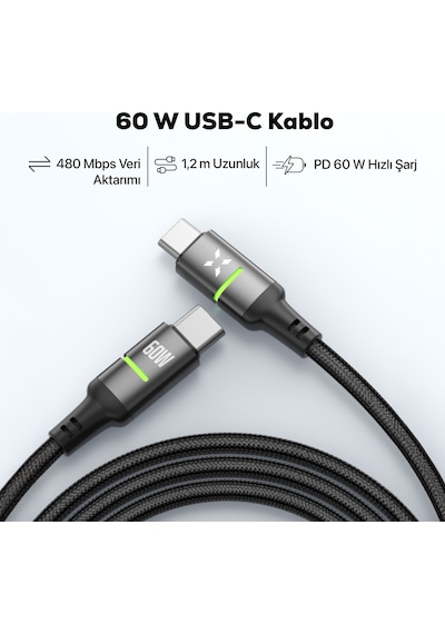 Xenon Smart Type C Hızlı Şarj Kablosu Type-c To Type-c, 60w, 480 Mbps, 1.2m, Pd, Örgü, Led Gösterge X6421