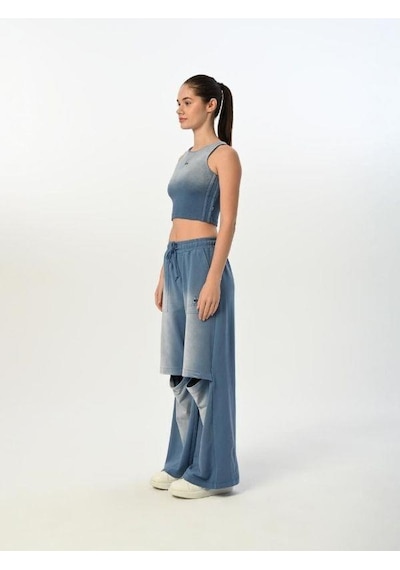 Kız Çocuk Pamuklu Sıfır Kol Crop Bluz-15518 Mavi