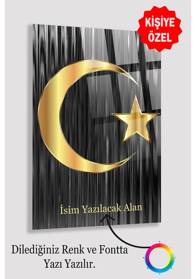 Kişiye Gold Türk Bayrağı Cam Tablo Modern Duvar Dekoru Solmayan Canlı Renkler Salon Ve Oturma Odası Yeni Ev Hediyesi 4mm Kırılmaz Cam
