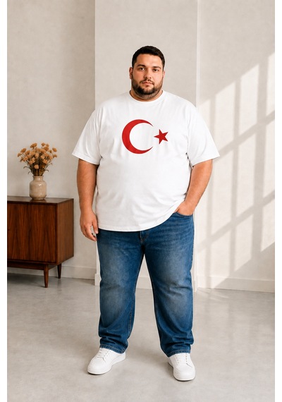 Sngl Tekstil Erkek Büyük Beden Kısa Kollu Ay Yıldızlı Tişört 3xl 4xl 5xl 6xl 7xl 8xl 9xl Beyaz