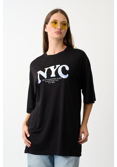 Geniş Kalıp Bisiklet Yaka Baskılı Kısa Kollu T-shirt Siyah