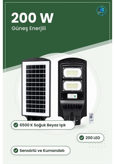 Solar Sokak Lambası 200 W K Sensörlü Kumandalı Güneş Enerjili Led