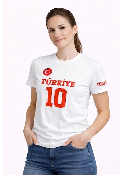 Moda Kadın Türkiye Ay Yıldız Baskılı 10 Numara Forma Tişört Taraftar T-shirt - Beyaz Çok Renkli