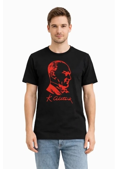 De'charme Erkek Atatürk Baskılı Tişört Kısa Kollu Bisiklet Yaka T-shirt - Siyah