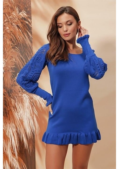 Aqe Fashion Kol Dantel Detaylı U Yaka Eteği Fırfırlı Saks Mavi Elbise Saks Mavi
