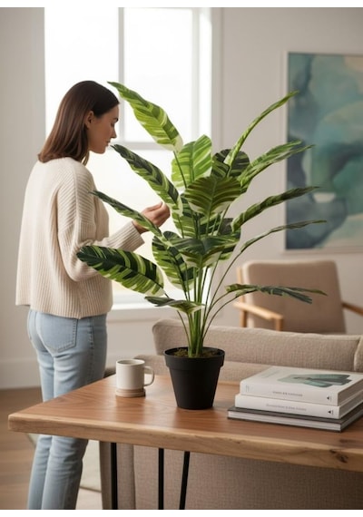 Yapay Çiçek Çizgili Muz Yapraklı Alaca Starliçe Salon Çiçeği 18dal 80 50cm Yapay Bitki Yeşil