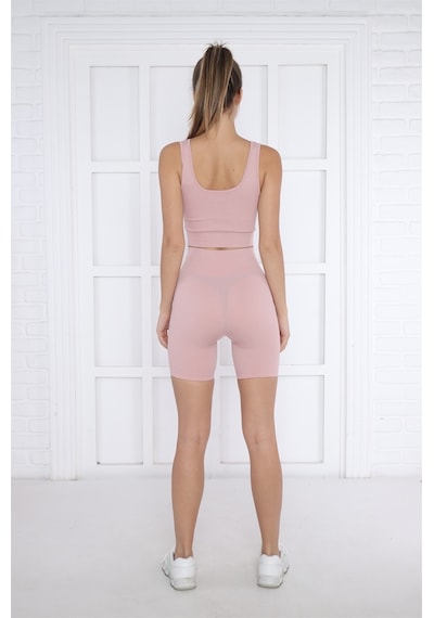Escetic Kadın Spor Pembe Toparlayıcı, Yüksek Bel Fitnes Bra Şort-tayt Takım-4312 - Xs