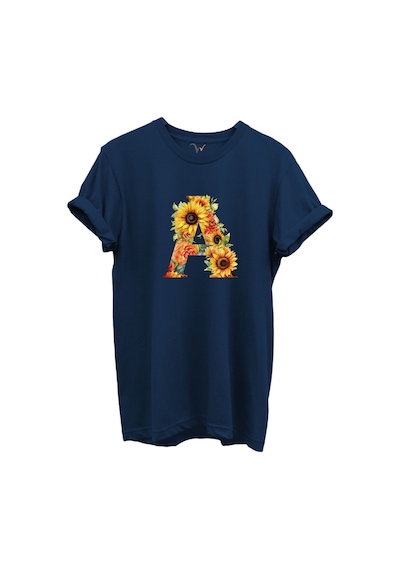 Ayçiçek Desenli A Harfi Baskılı %100 Pamuk Regular Fit Unisex T-shirt Lacivert