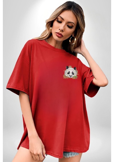 Kulaklıklı Hipster Portre Panda Kırmızı Oversize Unisex Ön Ve Sırt Baskılı Tişört Kırmızı