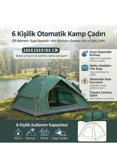 Lunaev 6 Kişilik Otomatik Kamp Çadırı Çift Katmanlı, Suya Dayanıklı, Hızlı Kurulum Outdoor Aile Ve Açık Bej