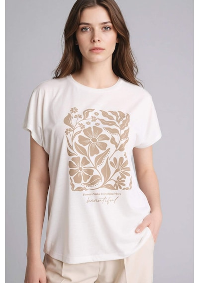Defacto Bisiklet Yaka Çiçekli Ekru Kadın T-shirt G8804ax/er105 Ekru