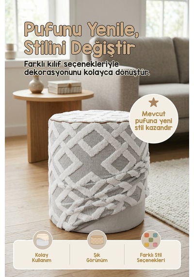 Yıkanabilir Puf Tabure Kılıfı Tak-Çıkar-Değiştir-Yenile Orta Sehpa Kılıfı 40x43 Mila Gri