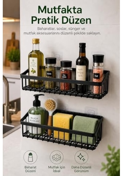 2'li Yapışkan Askılı Banyo Ve Mutfak Organizer Sepeti - Delmeden Montaj Duvar Rafı - Su Tahliyeli Plastik Düzenleyici Sepet - Şampuan, Baharat Ve Temizlik Ürünleri İçin