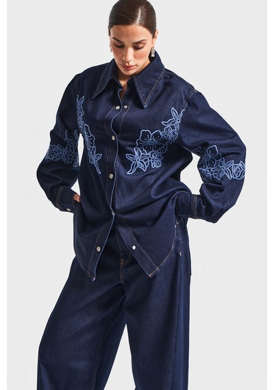 Kadın İndigo Mavi Renk 7w5-50 Oversize Çiçek Nakışlı Özel Tasarım Denim Gömlek Ceket