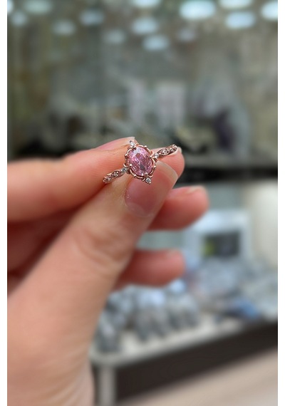 925 Ayar Gümüş Oval Pembe Taşlı Vintage Tasarım Kadın Yüzük Rose