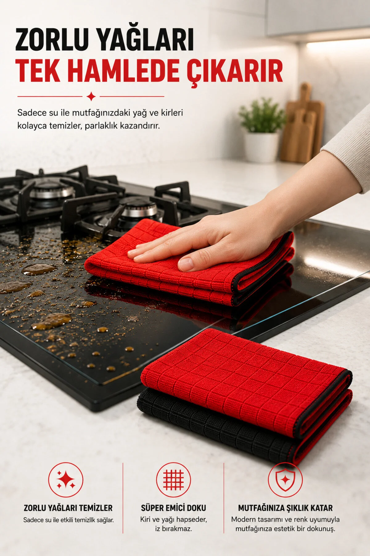 Premium Red & Black 2'li Kareli Mikrofiber Mutfak Bezi 40x40 Cm Süper Emici Koku Yapmaz Iz Ve Tüy Bırakmaz Kırmızı- Siyah