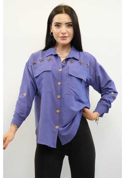 Moda Çizgi Pamuklu Keten Gömlek Mor Çok Renkli