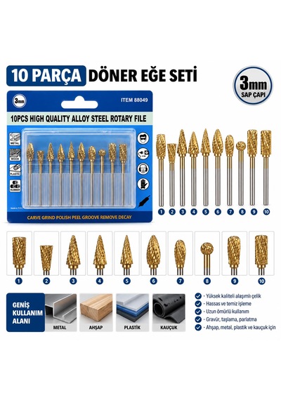 10 Parça 3 Mm Döner Eğe / Freze Ucu Seti