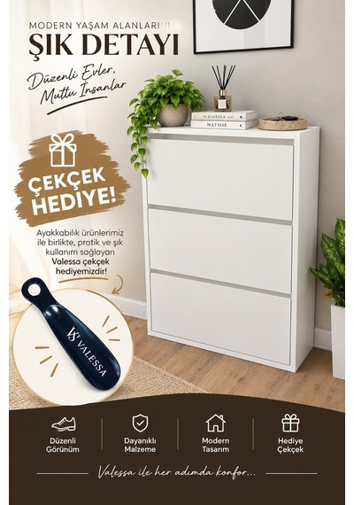 İzora Düşer Kapak Ayakkabılık Kayar Raflı Ayakkabılık 3 Bölmeli Ayakkabılık Beyaz