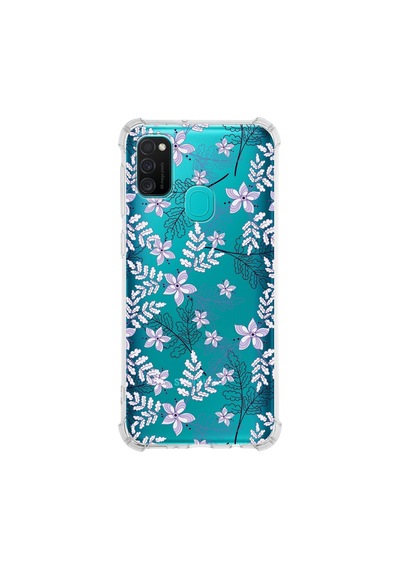 Samsung Galaxy Uyumlu M30s Köşe Korumalı Antişok Kapak Floral Lila Tasarımlı Şeffaf Kılıf