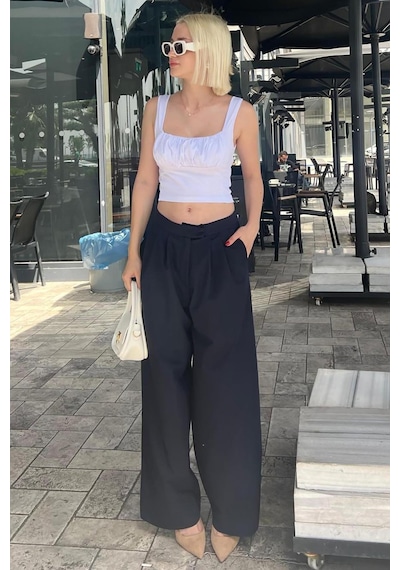 Madmext Lacivert Yüksek Bel Rahat Kesim Bol Paça Pantolon Mg2120-lacivert Lacivert