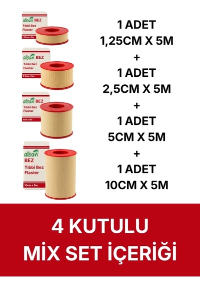 Bez Flaster 4'lü Mix Set, Pamuklu Medikal Sabitleme Bandı Tekli Rulo