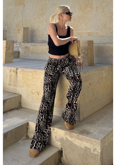Madmext Koyu Siyah Ayarlanabilir Bel Leopar Desenli Bol Paça Pantolon Mg2095