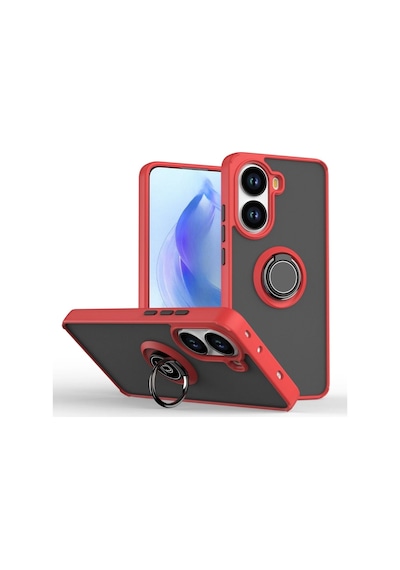 Vivo Y03 Uyumlu Kılıf Yüzüklü Standlı Extra Darbe Koruma Sert Silikon Kapak - Kırmızı Kırmızı