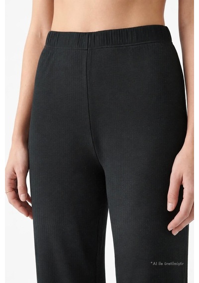 Cottonill Premium - Serene Collection Antrasit Rib Dokulu Bol Paça V Yaka Viskon Kadın Pijama Takımı