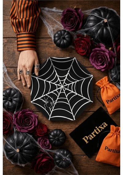 Cadılar Bayramı Örümcek Ağı Siyah Sekizgen Kağıt Tabak 23 Cm 8'li Paket - Halloween Parti Tabağı Çok Renkli