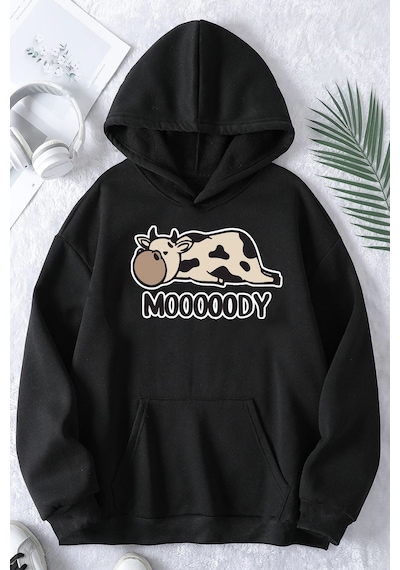 Uyguntarz Mooooody Baskılı Unisex Oversize Sweatshirt siyah