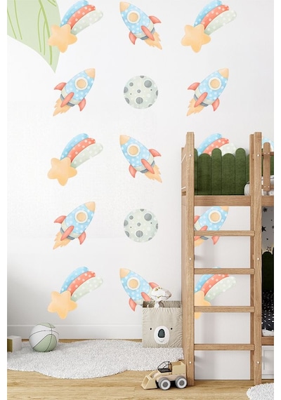 Sevimli Uzay Mekiği Ve Ay Temalı 20 Parça Çocuk Ve Bebek Odası Dekoratif Duvar Sticker Seti Figür 2